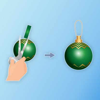 An illustration showing someone trimming the top off a glass ornament and then adding a gold plastic top with a string.