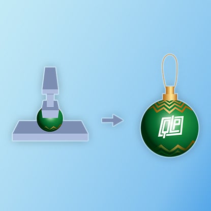 An illustration showing a green painted glass ornament being pad printed with the QLP logo in white.