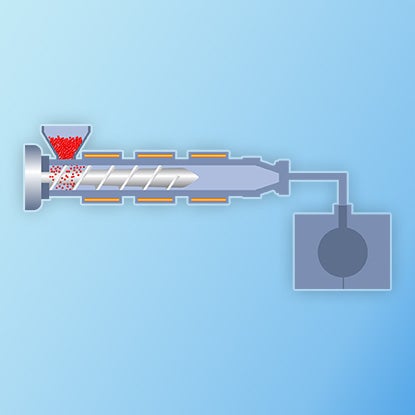 An illustration showing red plastic pellets in a reservoir (a funnel) called a hopper falling down into a heated corkscrew.
