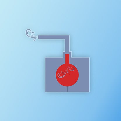 An illustration showing air being blown into the molten plastic so that plastic coats the sides of the mold while keeping a hollow center.