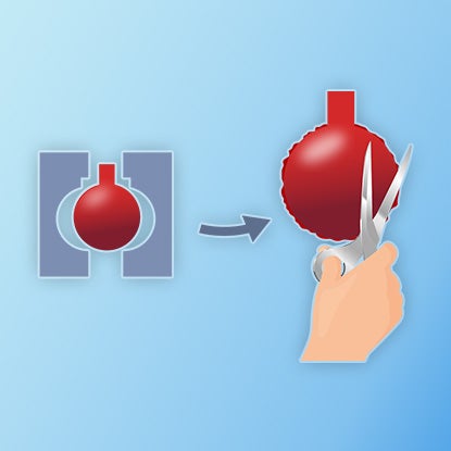 An illustration showing a round mold opening to reveal a plastic ornament, and someone trimming excess bumps off the ornament.