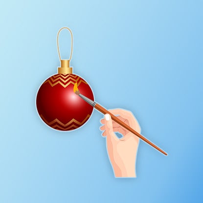 An illustration showing someone hand-painting gold zigzags onto a red plastic ornament with a gold topper and string.