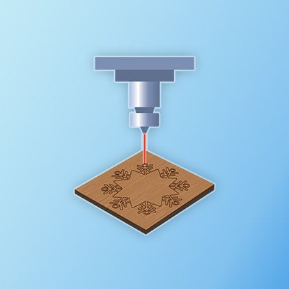 An illustration showing a laser cutting out a snowflake shape in a piece of wood.