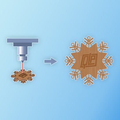 An illustration showing a laser etching the QLP logo into a wooden snowflake.
