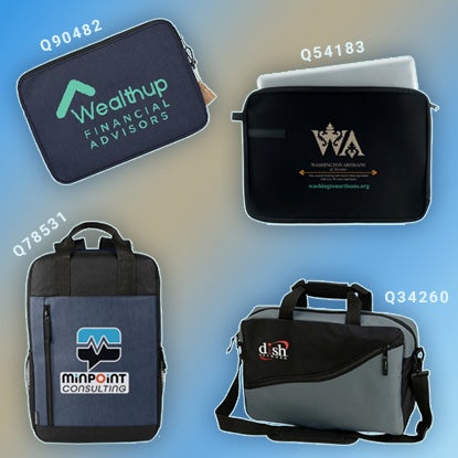 A photo collage on a blue and pink background, showing four laptop cases. One is a backpack, one is a messenger back, and two are sleeves.
