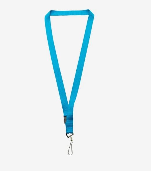 Bright turquoise blue fabric lanyard with a black plastic clip and a silver metal swivel clip.