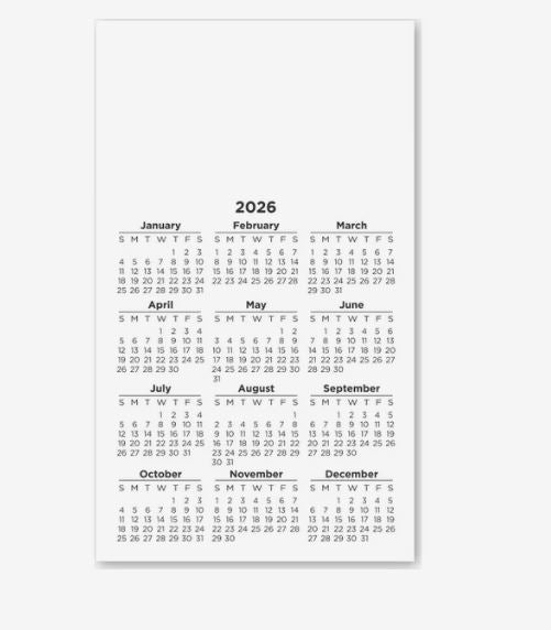 White rectangular calendar magnet displaying all twelve months in a compact three-column layout with black text.