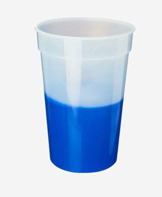 Translucent plastic stadium cup with a white upper section that gradually transitions into bright blue toward the bottom.