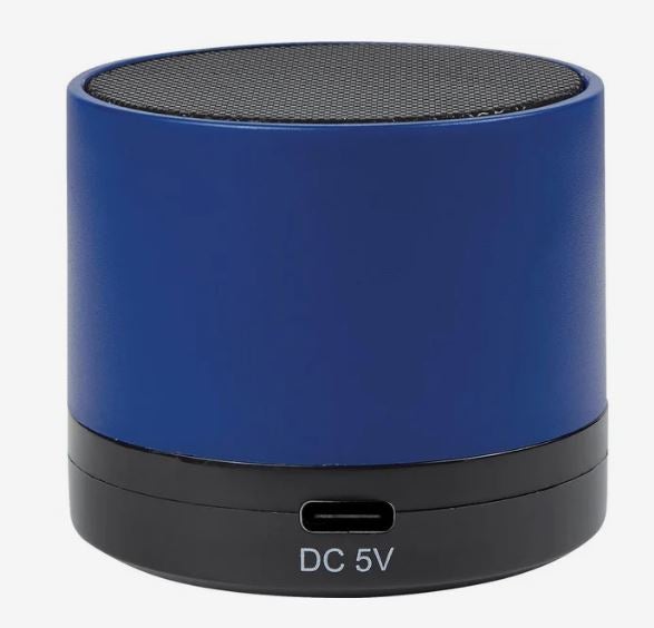 Compact cylindrical blue Bluetooth speaker with a black speaker grille on top, black base, and USB-C charging port.