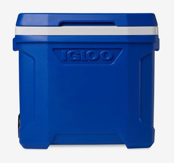 Royal blue hard-sided cooler with a matching lid, white trim, integrated handle, and embossed Igloo logo on the front.