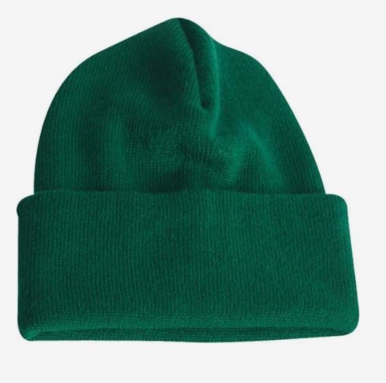 Dark green knitted beanie hat with a ribbed texture, folded cuff, and rounded crown.