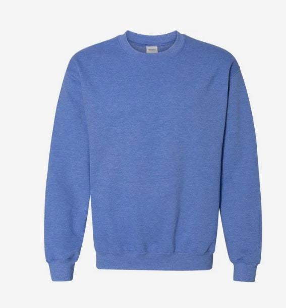 Heather blue crew neck sweatshirt with long sleeves, ribbed cuffs, collar, and waistband.