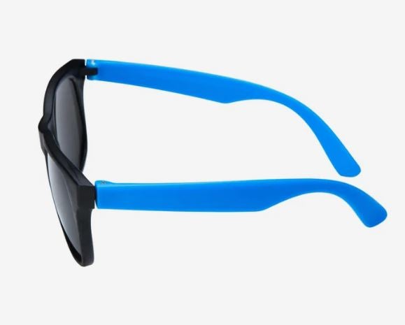 Black sunglasses with dark tinted lenses and bright blue plastic arms, shown from the side.