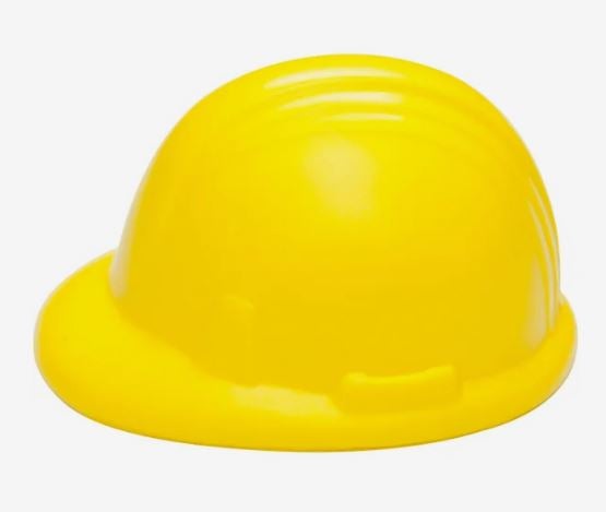 Bright yellow construction hard hat-shaped stress relief toy with a glossy finish and molded ridges.