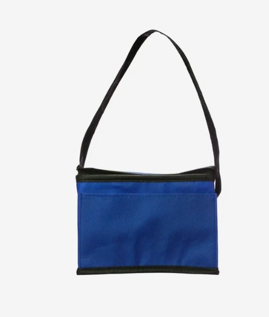 Royal blue insulated lunch bag with black trim, a zippered top closure, front pocket, and black shoulder strap.