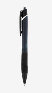 Black retractable pen with a textured rubber grip, blue accents, pocket clip, and blue click-top button.