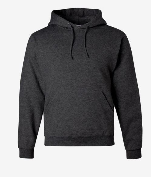Dark charcoal gray pullover hoodie with a drawstring hood, kangaroo pocket, and ribbed cuffs and hem.