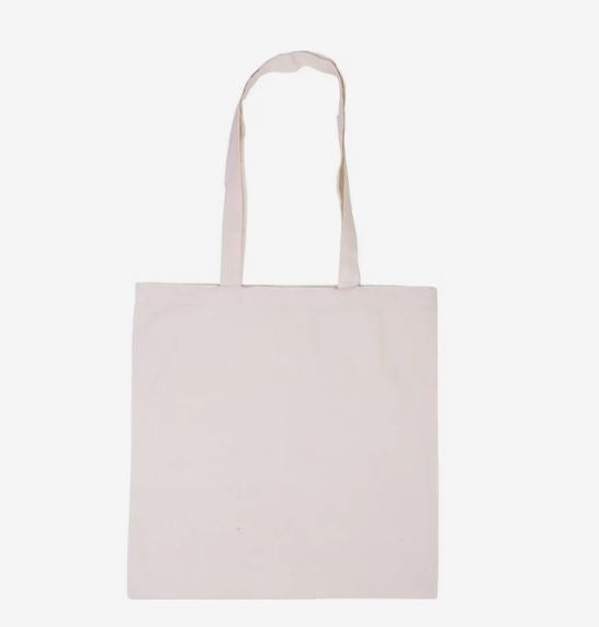 Off-white cotton tote bag with a rectangular body and two long shoulder straps.