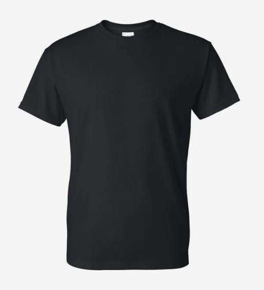 Plain black short-sleeved crew neck T-shirt with a straight-cut fit.