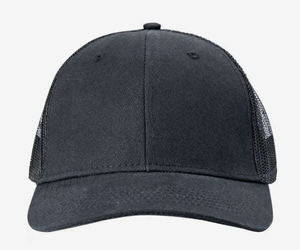 Black six-panel baseball cap with a curved brim, embroidered ventilation eyelets, and black mesh side and back panels.