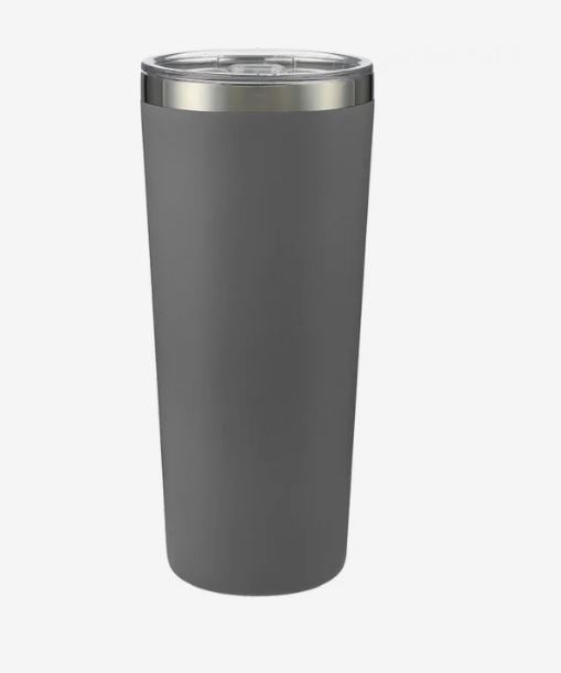 Dark gray insulated travel tumbler with a matte finish, stainless steel rim, clear plastic lid, and slightly tapered body.