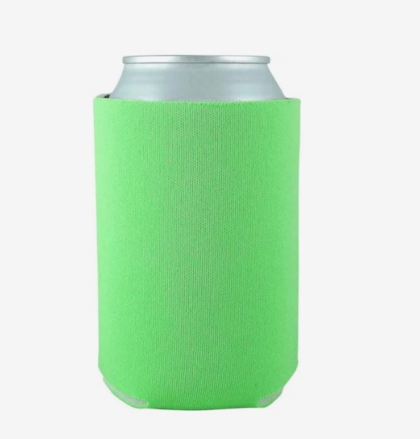 Bright lime green foam can cooler holding a silver beverage can, with the top of the can visible.