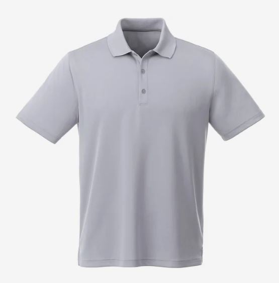 Light gray short-sleeved polo shirt with a fold-down collar and three-button placket.