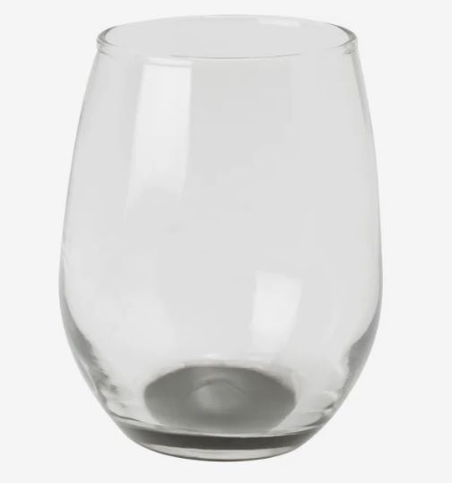 Clear stemless wine glass with a rounded bowl, slightly tapered rim, and flat base.