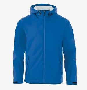 Bright blue waterproof hooded jacket with a full-length front zipper, adjustable hood, and long sleeves with adjustable cuffs.