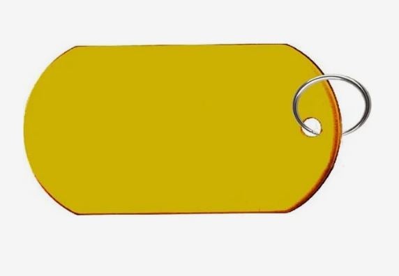 Flat yellow oblong keychain with rounded ends, a thin dark border, and a silver metal split key ring attached at one end.