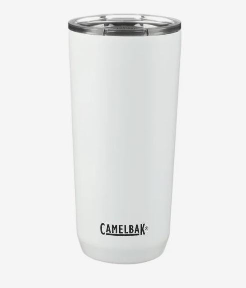 White 20 oz CamelBak insulated tumbler with a clear plastic lid, stainless steel rim, and black CamelBak logo near the base.