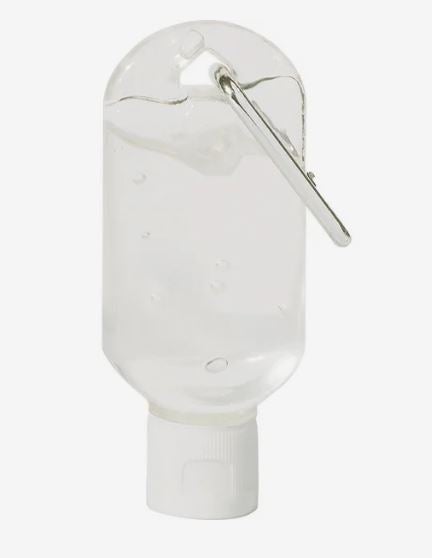 Clear travel-sized hand sanitizer bottle with a white screw-on cap and a silver metal carabiner clip.