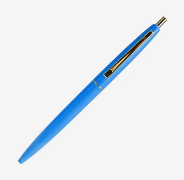 Light blue retractable ballpoint pen with a slim tapered barrel, gold-colored pocket clip, and matching gold-colored accents.