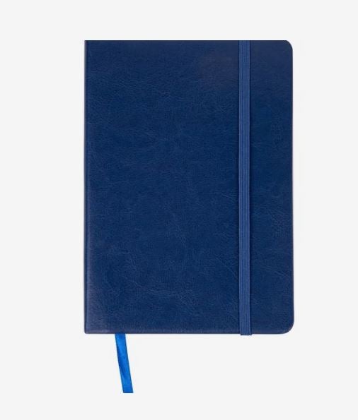 Navy blue hardcover notebook with rounded corners, a matching elastic closure band, and a blue ribbon bookmark.