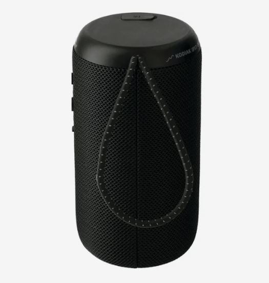 Black cylindrical portable Bluetooth speaker with an attached carrying loop.