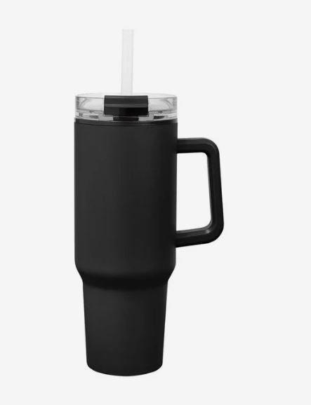 Matte black insulated travel tumbler with a large side handle, clear plastic lid, reusable straw, and tapered base.