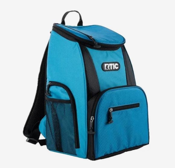 Bright backpack with black trim, adjustable shoulder straps, a zippered top, and multiple exterior pockets.