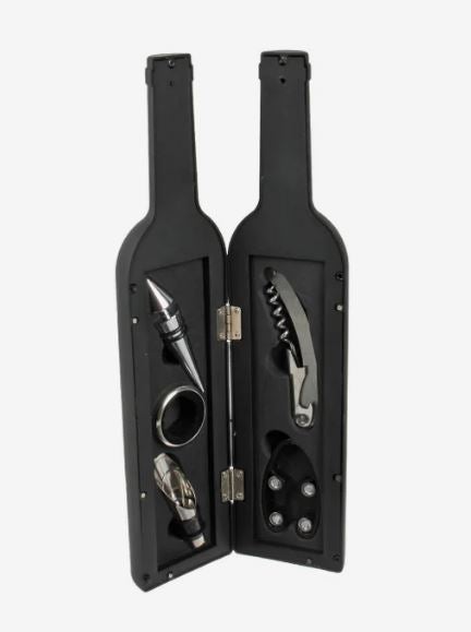 Black wine bottle-shaped gift case opened to reveal a corkscrew, wine pourer, bottle stopper, and other wine accessories.