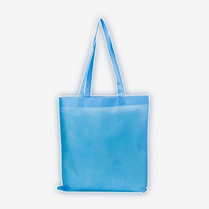 Light blue reusable non-woven plastic tote bag with two shoulder straps and a rectangular body.