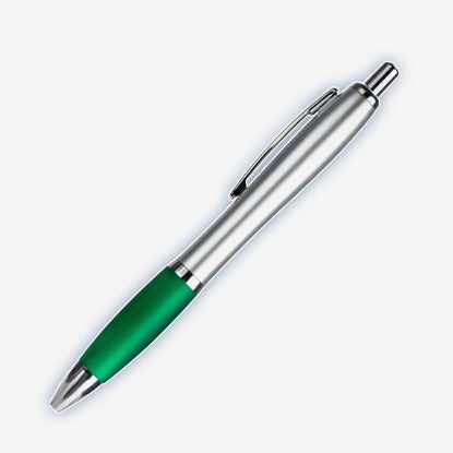 Silver retractable ballpoint pen with a metallic green rubber grip, silver pocket clip, and click-top mechanism.