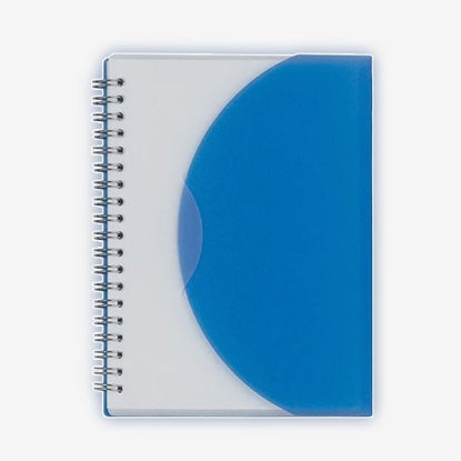 White wire-o-bound notebook with a blue plastic cover that wraps around from the back.