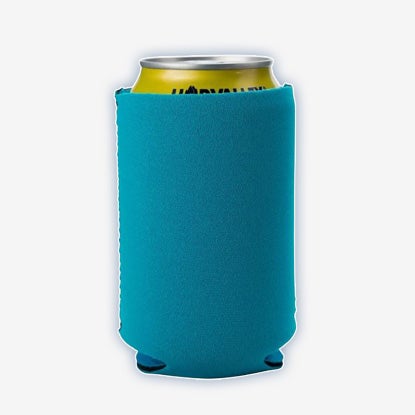 Turquoise foam can cooler holding a yellow beverage can, with the top of the can visible.