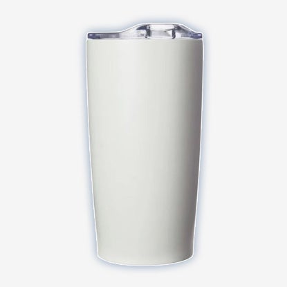 White insulated travel tumbler with a slightly tapered body and a clear plastic lid.
