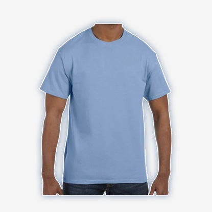 Plain light blue short-sleeved crew neck T-shirt worn by a model, shown from the front.