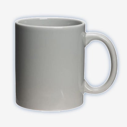 Plain white ceramic coffee mug with a glossy finish and a curved handle on the right.