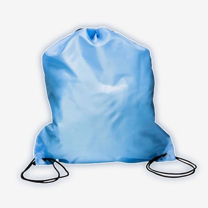 Light blue drawstring backpack with black cord straps and a gathered top closure.
