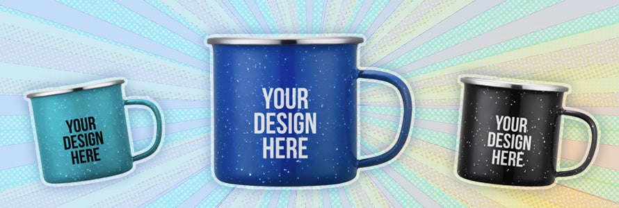 A composite photo showing three enamel mugs against a colorful sunray design, printed with YOUR DESIGN HERE.