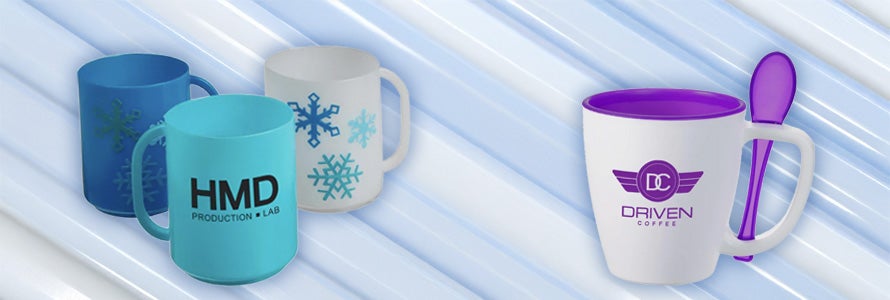 A composite photo showing four plastic mugs, three grouped together and one with a holder for a spoon.