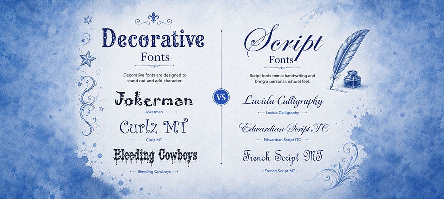 An illustration showing decorative fonts and script fonts on a blue background with a quill and ink pot illustration.