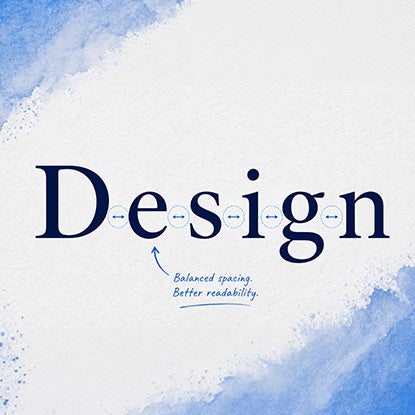 An illustration showing how kerning works using the word Design, with spaces between each letter.